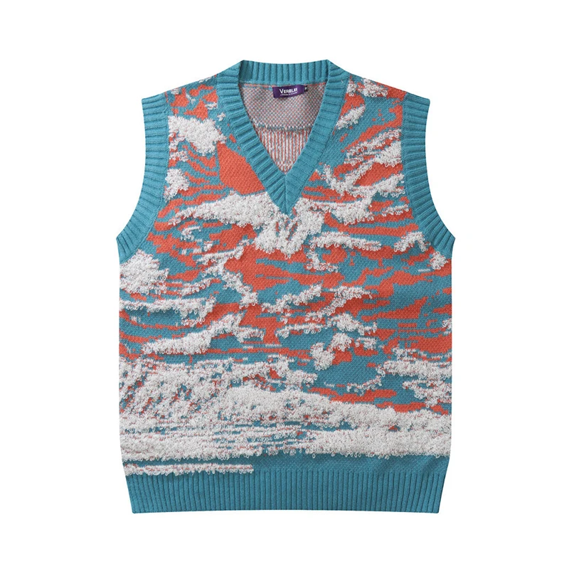 

FEWQ Jacquard Men's Knitted Vests Spliced Casual Male V-neck Stitchiing Color Street Sweater 2023 Spring Stylish New Tops 24B821