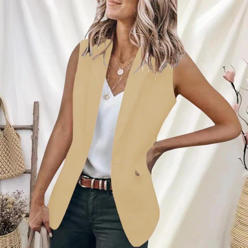 

Stylish Women Blazer Sleeveless Suit Coat Solid Color Business Single Button Women Jacket Long