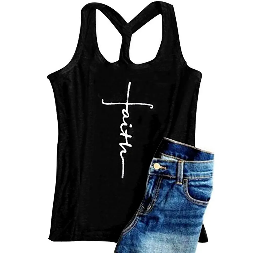 

Womens Summer Racerback Graphic Tank Tops Twist Criss Faith Workout Tanks Shirts