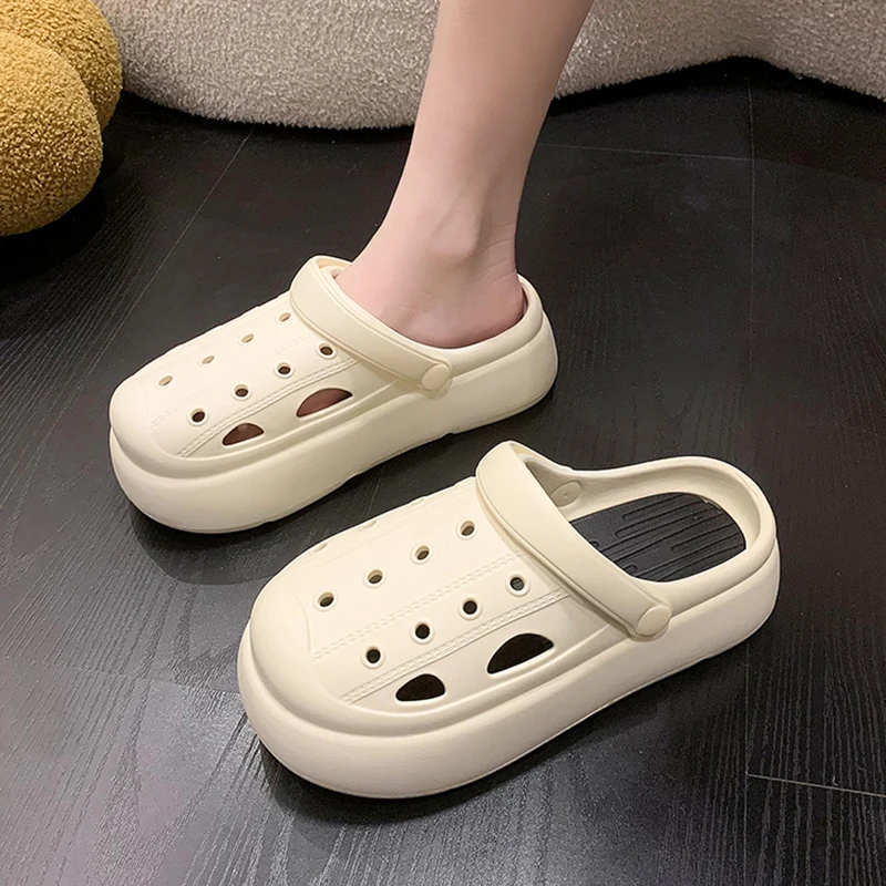 Med Female Shoes Slippers Casual Summer Clogs Woman Slides Cover Toe Platform 2023 Luxury Beach Flat Fretwork Scandals PU