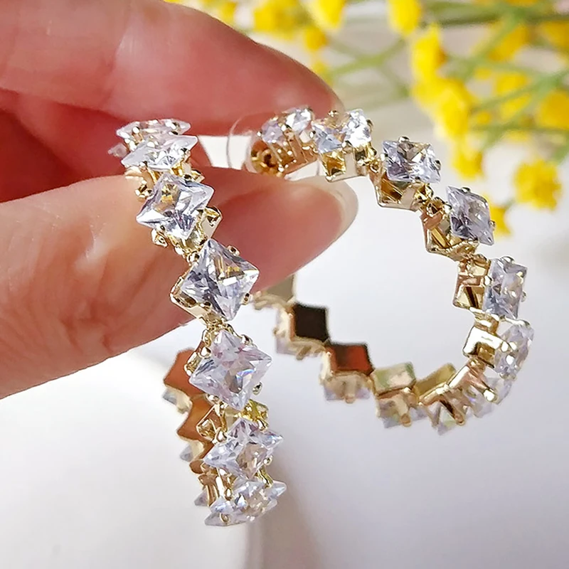 

Sweet Green Cubic Zirconia Hoop Earrings Geometric Gold Color Earring For Women Vintage Party Birthday Hot Sale Jewelry