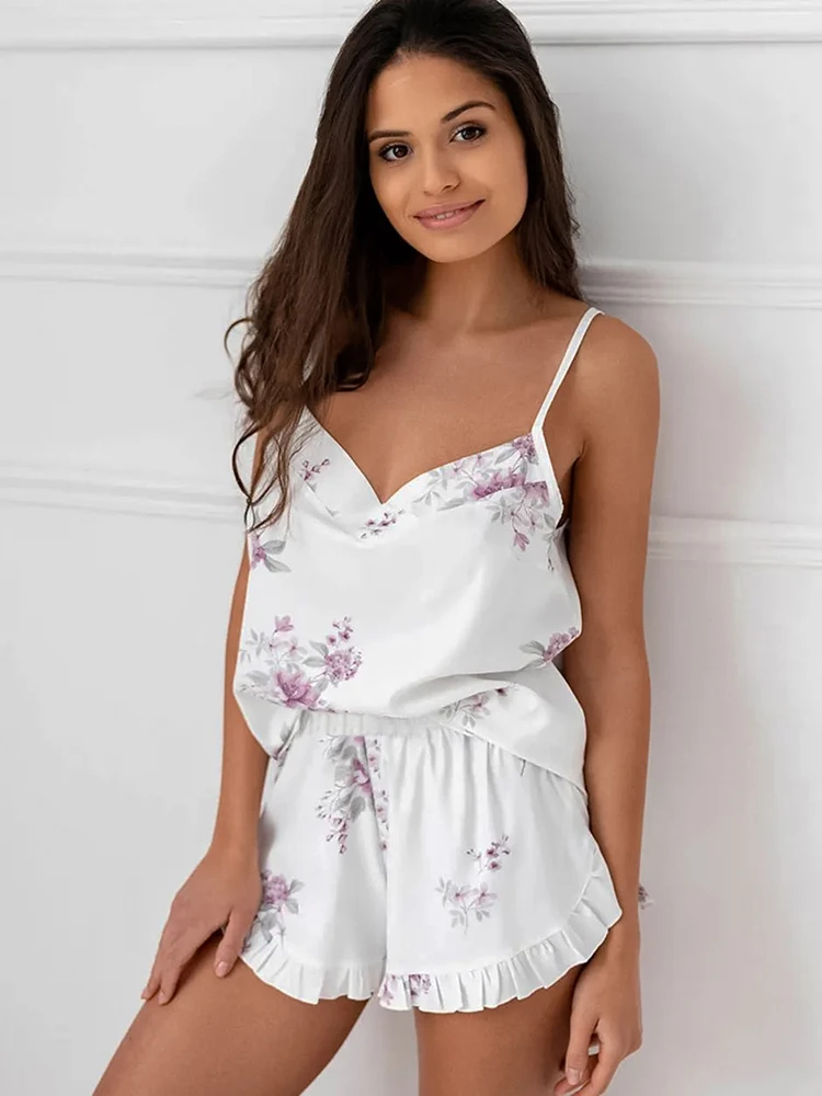 

Hiloc Flowers Print Sexy Sleepwear Ruffled Shorts Female Lingeries Spaghetti Strap Loose Women Pajama Sets 2022 Summer Nightie