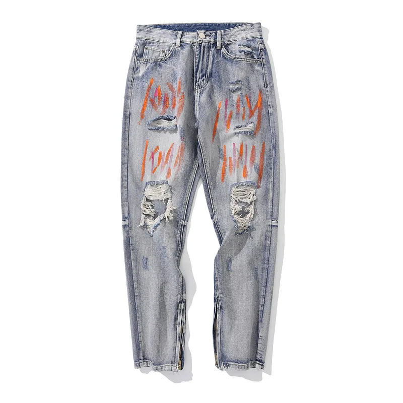 Four Seasons Men's Jeans High Street Tide Brand Ripped Jeans Men's Fashion Hip Hop Slim Small Feet Graffiti Pants Ins Hot Sale