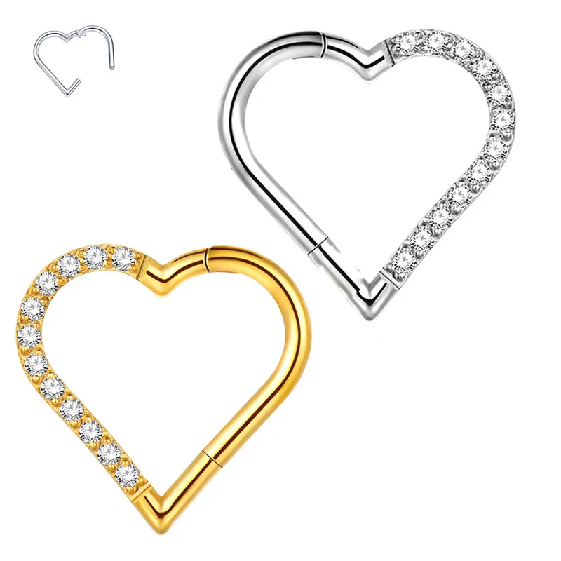 ASTM F-136 Titanium Cartilage Clicker Ear Tragus Heart Shape Segment Ear Nose Ring with CZ Pave Face Daith Piercing Body Jewelry