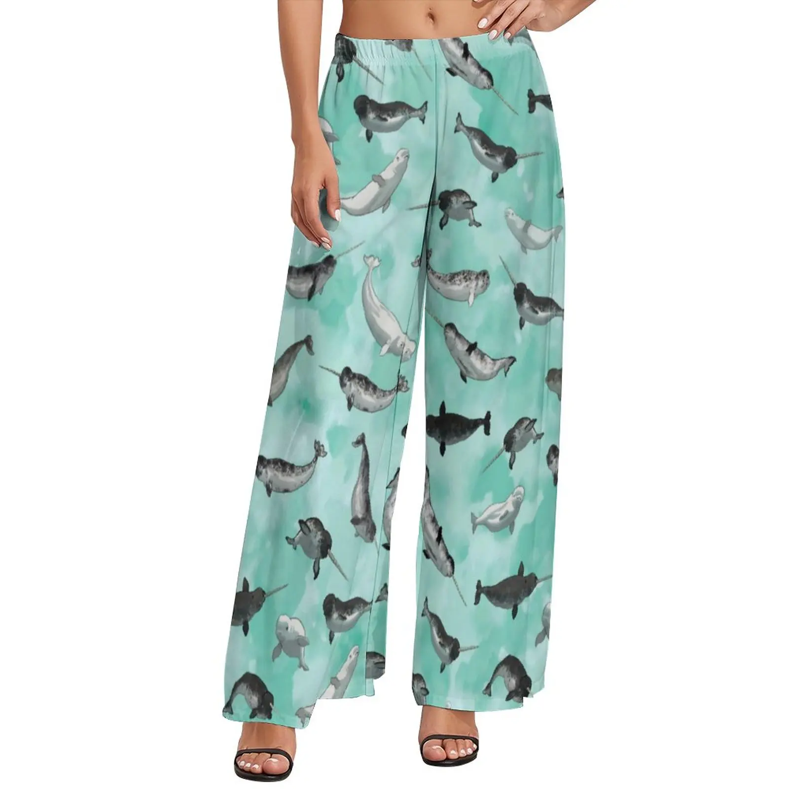 

Arctic Animal Print Pants High Waisted Narwhal and Beluga Office Trousers Harajuku Print Wide Leg Pants