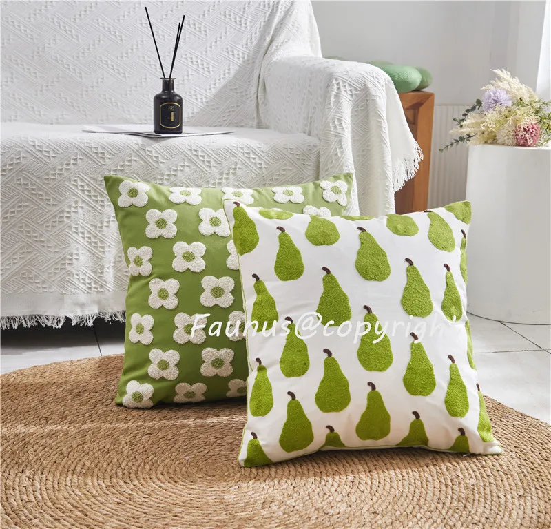 

Floral Fruits Pear Cushion Cover Green Embroidery Pillow Cover Soft Nordic Office Sofa Living Room Home Decoration