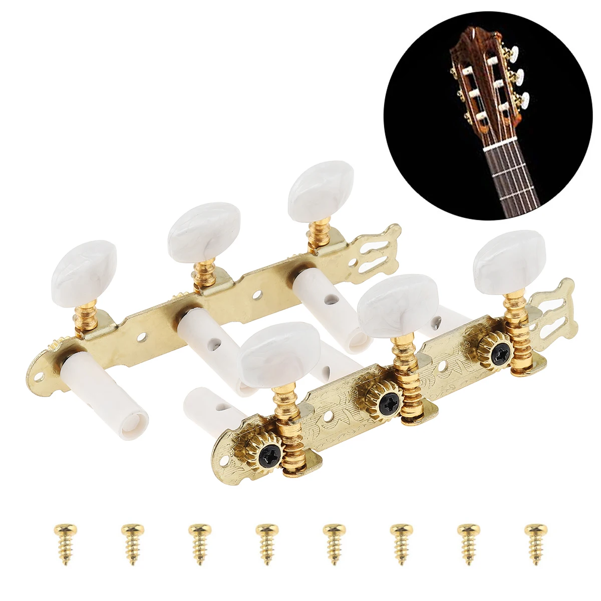 

1Pair Gold Plated Folk Classical Guitar Tuning Pegs with Simulation Pearl Semicircle Buttons Machine Heads