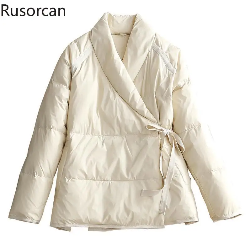 

Оригинальный модный пуховик нишевого дизайна 2023, зимняя новая литературная свободная накидка, однотонная короткая универсальная куртка на шнуровке с V-образным вырезом