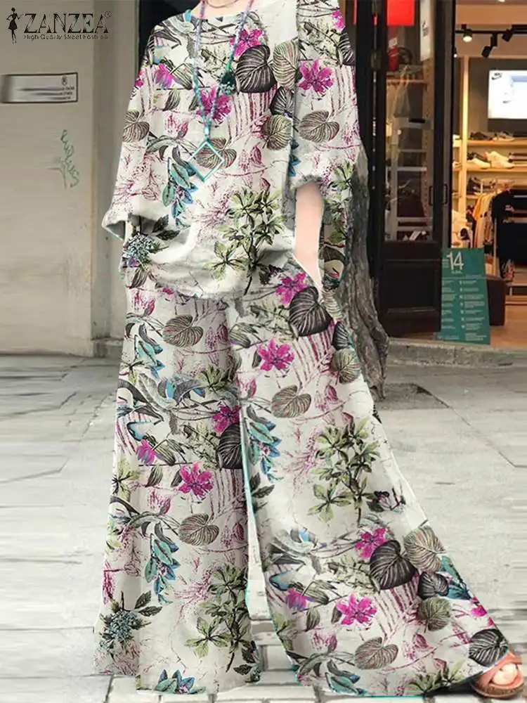 

ZANZEA Women Long Sleeve Tops Wide Leg Pant Tracksuits Bohemian Casual Holiday Suit Spring Elegant Floral Printed Matching Sets