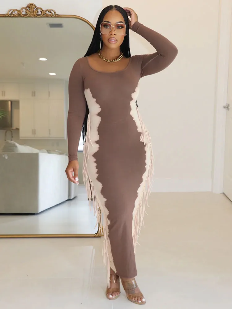 Лоскутное повседневное платье макси с кисточками женское элегантное вечернее