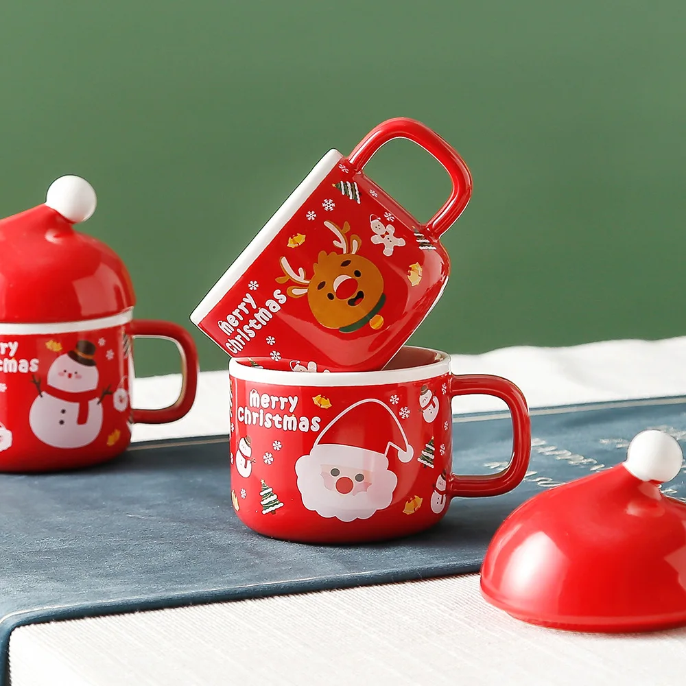 

Creative Christmas Santa Elk Coffee Mugs Cups with Lids Kawaii Ceramic Cup Cartoon Hat Water Cups Mugs Snowman Gingerbread Man