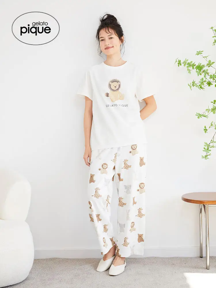 Tops Bottoms New Arrivals Room Wear Gelato Pique Summer Women's Pajamas Suit T-shirt Rabbit Lion Pattern