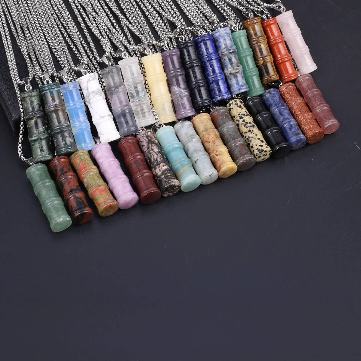 

Natural Stone Jade Crystal Cylindrical Bamboo-Shaped Pendant Necklace Stainless Steel Chain Exquisite Jewelry Gift for Men Women