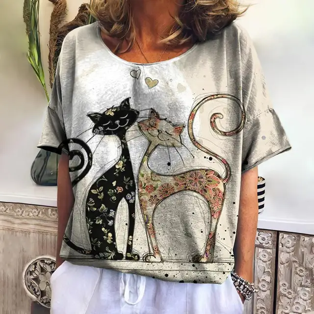 3D Kawaii Cat Print Tees Tops Animal Short Sleeve T Shirt Oversized Loose Woman Clothes 4