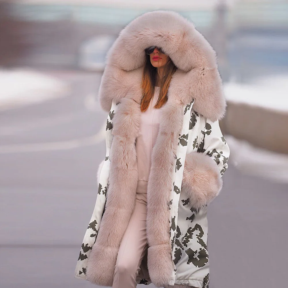 High Quality Winter Jacket Ladies Faux Fur Collar Hooded Long Padded Jacket Coat Warm and Thick Coat Women Fashion Print Parker