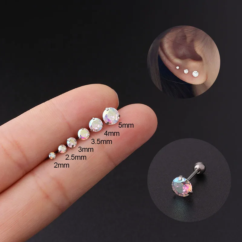 

1 Pair Piercing Ear Studs AB Colored Round Zircon Stainless Steel Ear Bone Nail Helix Cartilage Tragus Piercing Body Jewelry 20G