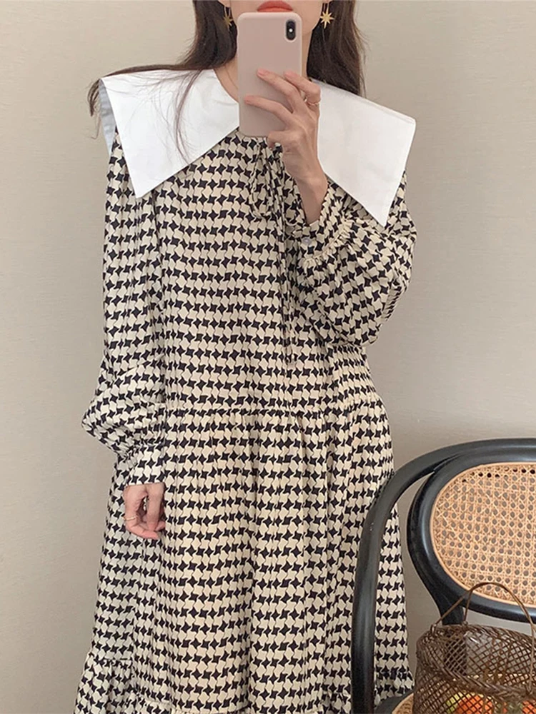 

Sister Fara Bird Lattice Lace Up Dresses for Women's Spring Sailor Collar Mid Dress Autumn Female Ruffle Casual Long Dresses
