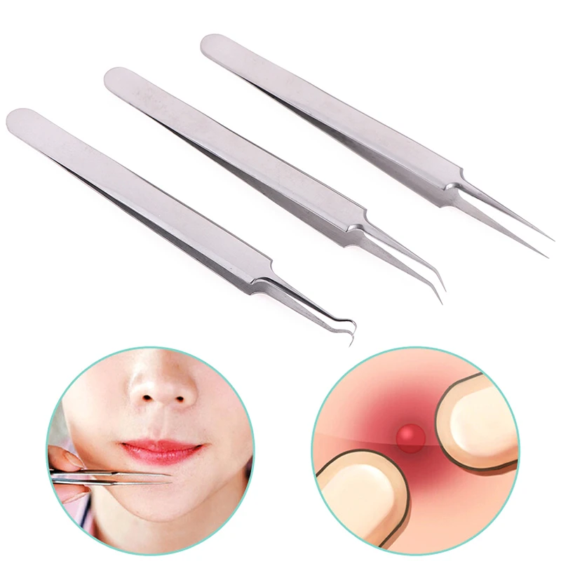 

3pcs Bend Head Blackhead Blemish Pimples Comedone Acne Removal Pointed Extractor Stainless Steel Acne Needle Tweezers Face Care