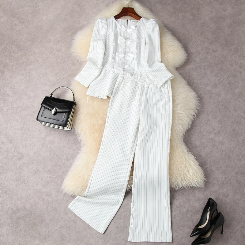

2022 New Long Sleeve Embroidered Bow Shirt Striped Wide-leg Pants Fashion Suits European and American Women's Wear Spring