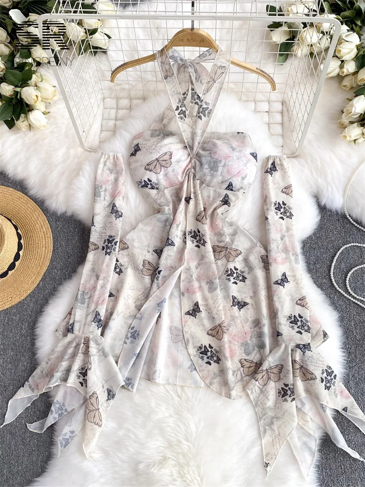 Летнее платье SINGREINY с принтом бабочек и открытой спиной женские сетчатые модные