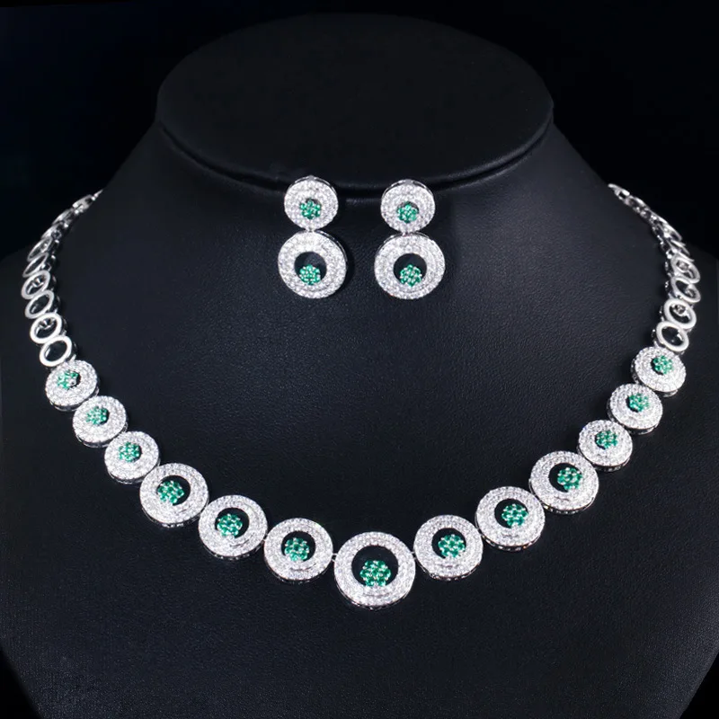 

Exclusive Design Green Cubic Zirconia Round Circle Choker Women Wedding Party Necklace Earrings Jewelry Set for Bride Accessory