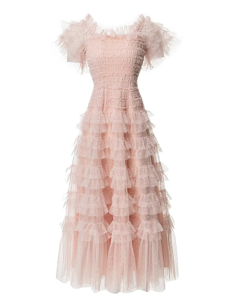 

Summer New High Quality Style Designer Solid Color Slim Fit Mesh Celebrity Elegant Party Gorgeous Casual Fashion Cake Dress