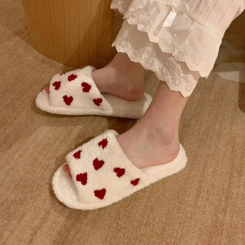 Fashion Cotton Slippers Lady One Word Open Toe Slippers Winter Home Non-slip Warm Cute One Word Indoor Home Floor Fur Slippers