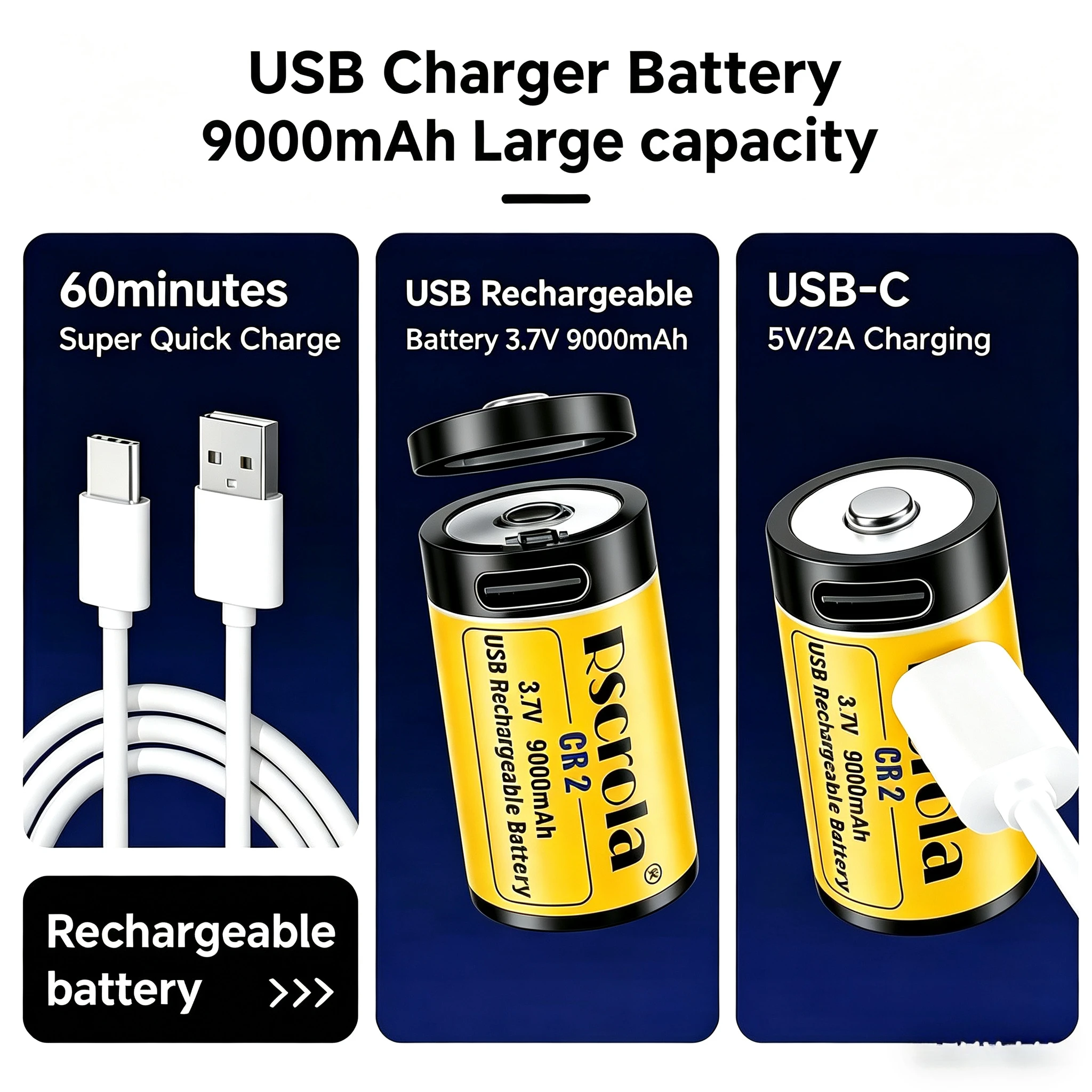 Фото Долговечная перезаряжаемая литиевая батарея CR2 3.7V с зарядкой через USB для фонарика, умного дверного звонка, охранной сигнализации №5