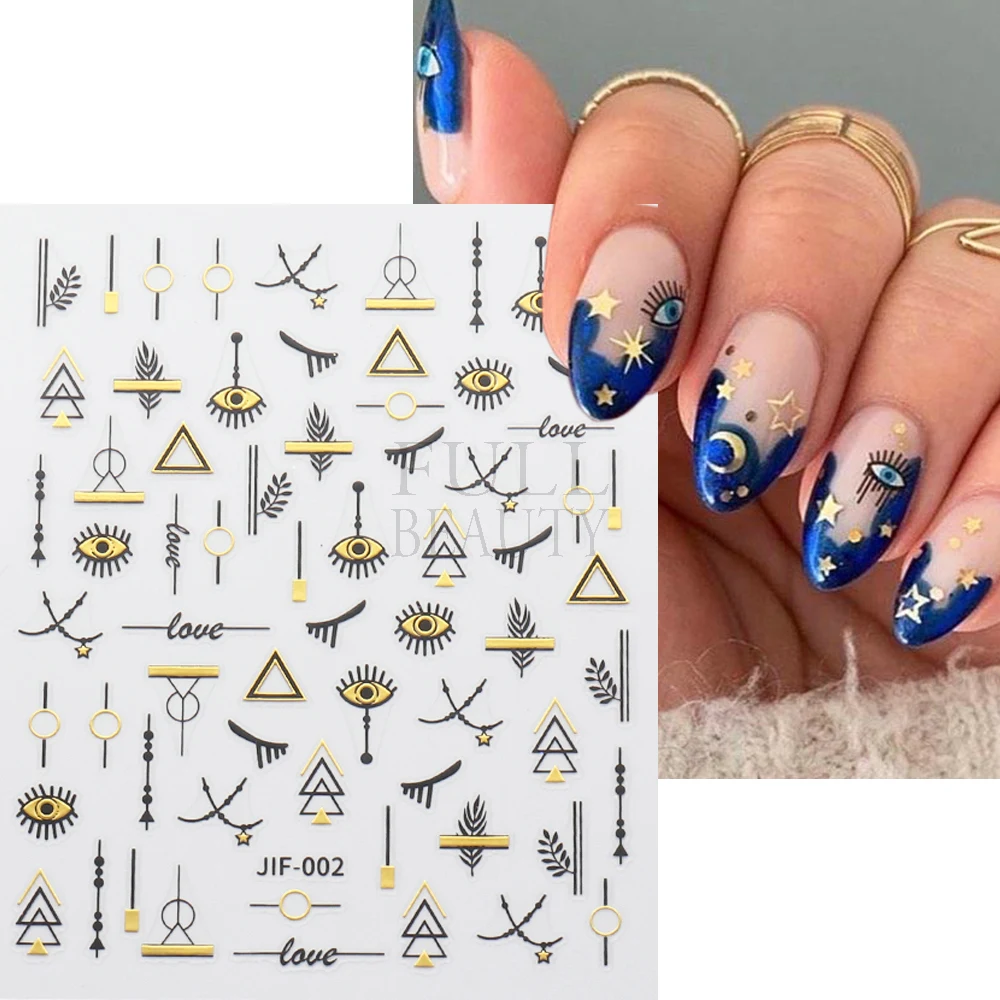 Gold Star Moon Nail Stickers Laser Heart Sliders For Nails Geometry Leaf Design Summer Decor Eyes Decal Gel Polish Wraps GLJIF images - 6