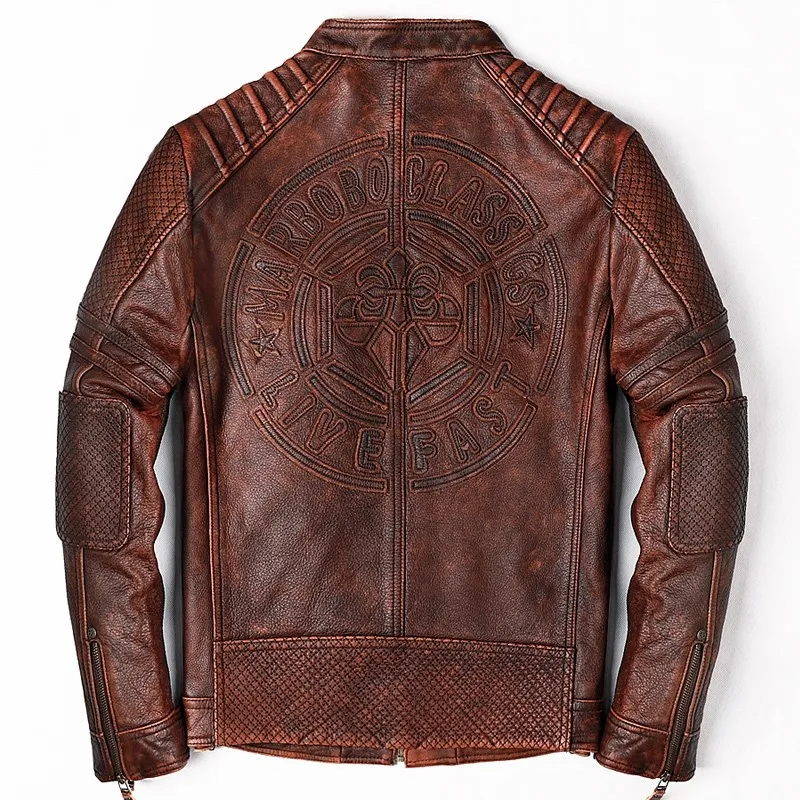 

Винтажная коричневая Весенняя Мужская мотоциклетная куртка размера плюс 5XL из натуральной воловьей кожи, Осеннее приталенное байкерское п...