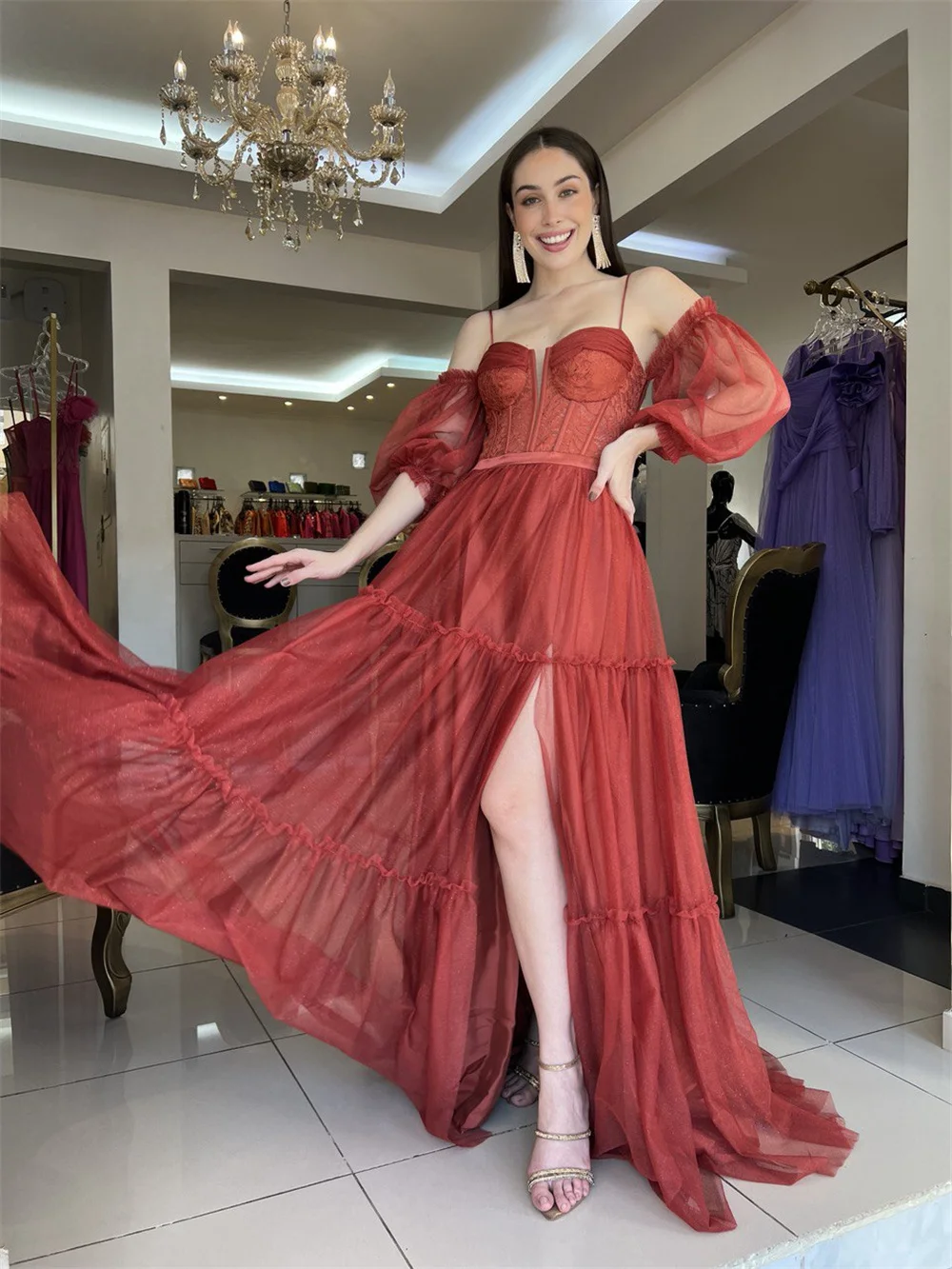 Вечерние платья с открытыми плечами Annie блестящие тюлевые вечерние официальные