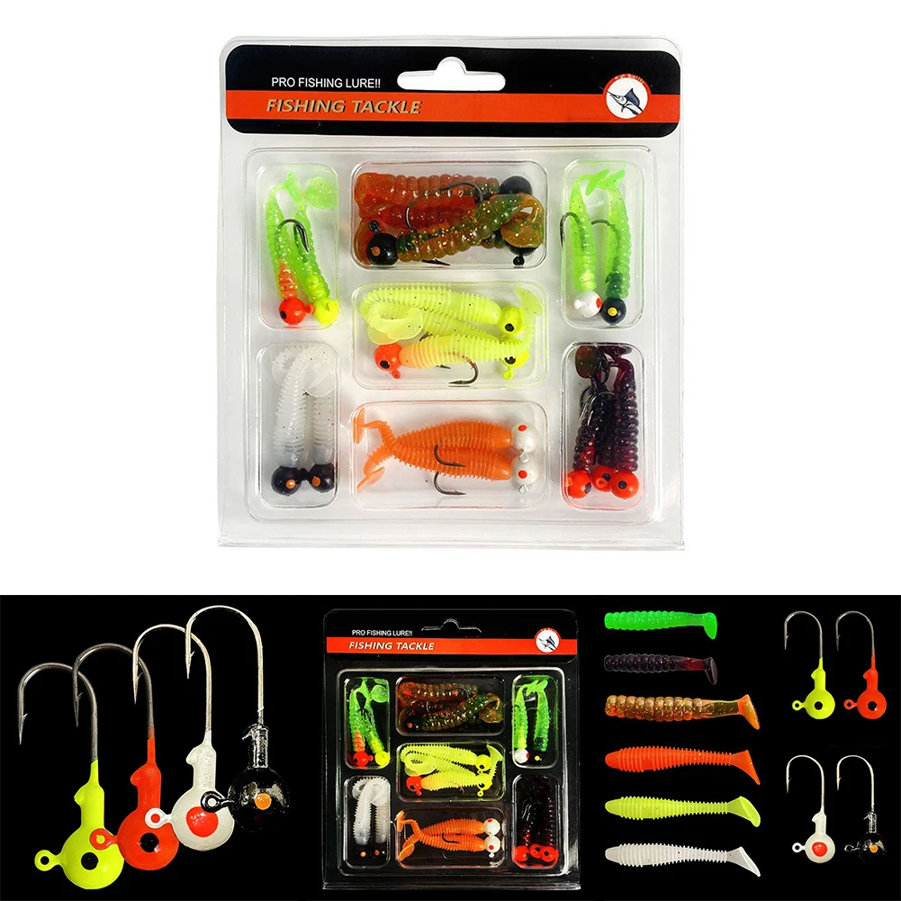 

34pcs Fishing Soft Bait Set Threaded T-Tail Colorful Lure Baits Fish Hooks T Tail Color Lead Hook Good Attraction Tackle