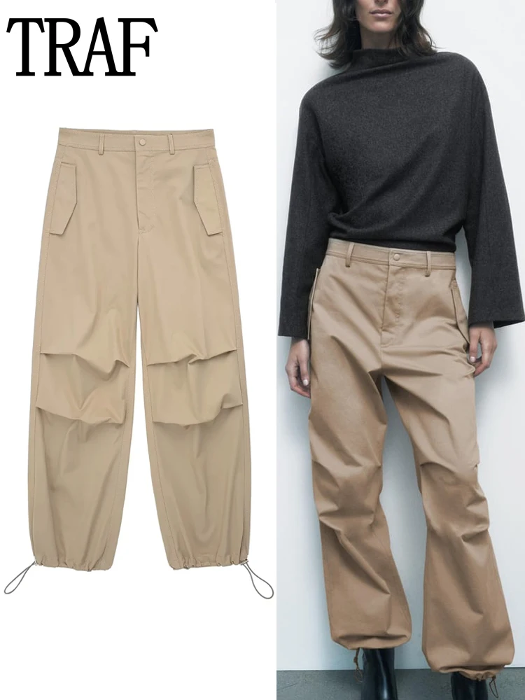 

TRAF Women's Cargo Trousers Pleated Jogger Pants For Women Autumn Streetwear Casual Baggy Pants Female Mid Waist Sports Trousers