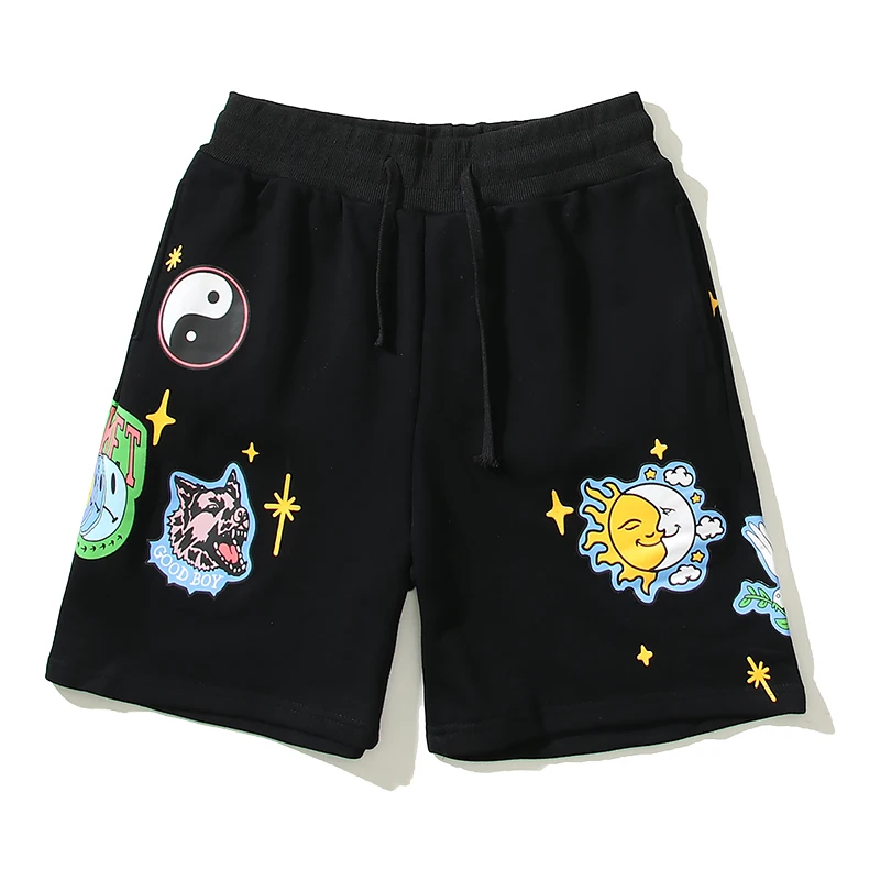 

Harajuku Smiley Stars Print Black Patchwork Terry Casual Summer Shorts Men's Pocket Streetwear Oversize Cotton Knee Lenght Pants