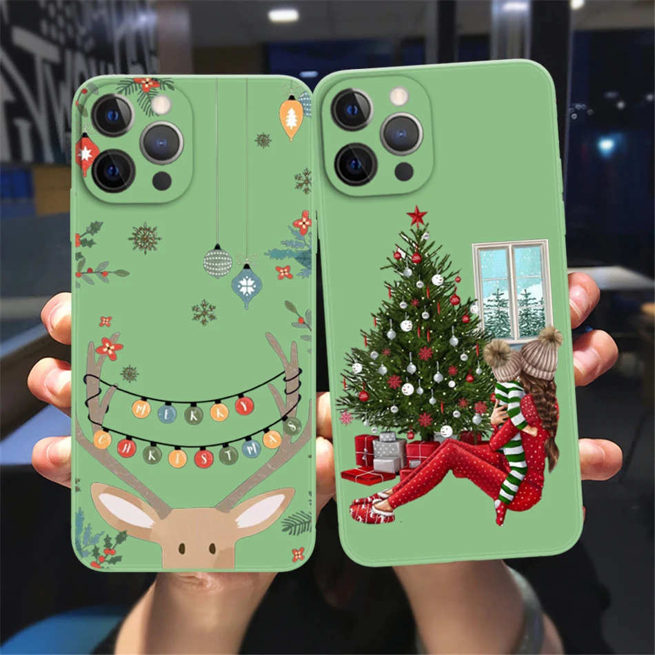 

Happy New Year Christmas girl Phone Case For iPhone 11 12 13 14 Pro X XR XS MAX 7 8 14 Plus 13 Mini Cute Green Soft TPU Case