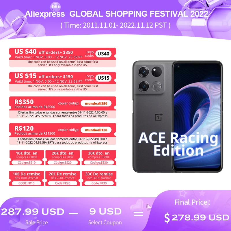  OnePlus Ace Racing Edition 5G Mobile Phone MTK Dimensity 8100 MAX 6.59'' 120Hz Screen Smart Phone 64MP Camera 5000mAh Battery 