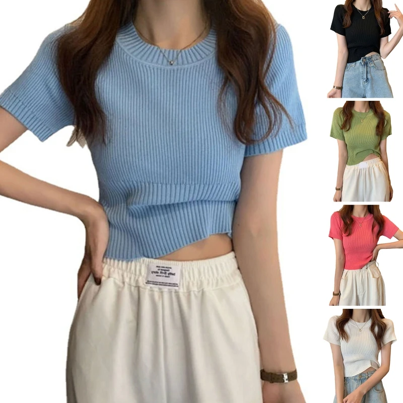 

New style Women Ice Silk Ribbed Knit Short Sleeve T-Shirt O-Neck Basic Solid Slim Sweater