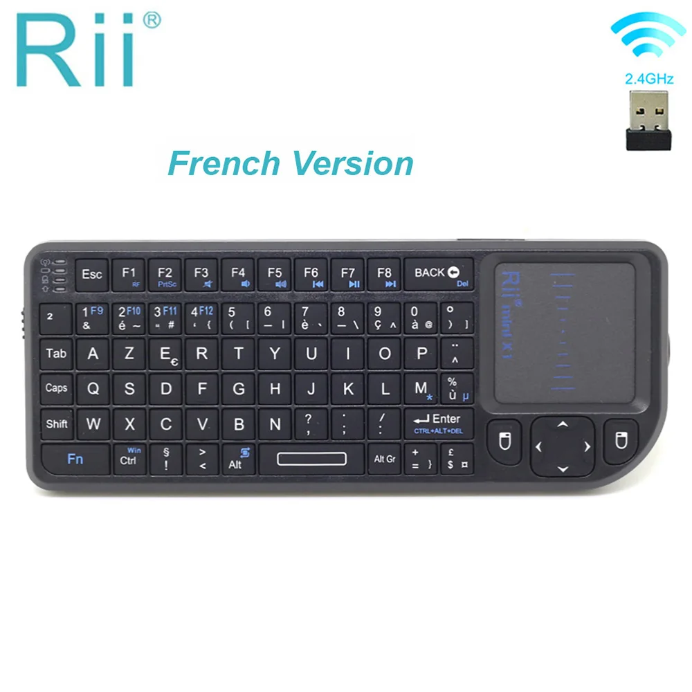 Rii-teclado inalámbrico Mini X1 Original, periférico Air Mouse de 2,4 GHz con TouchPad para Android TV Box/Mini PC/ordenador portátil, francés (Azerty)