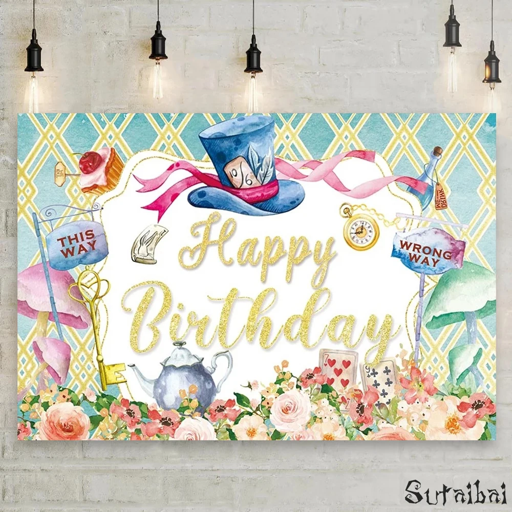 

Girls In Wonderland Birthday Backdrop Baby Shower Tea Party Hat Floral Photography Backgrounds for Photo Studio Photoshoot