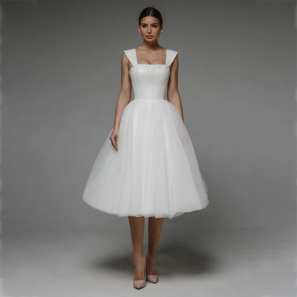 

Простое Короткое свадебное платье UETEEY, пышное Тюлевое платье с завязкой на спине, пляжные летние платья длиной ниже колена для свадебной ве...