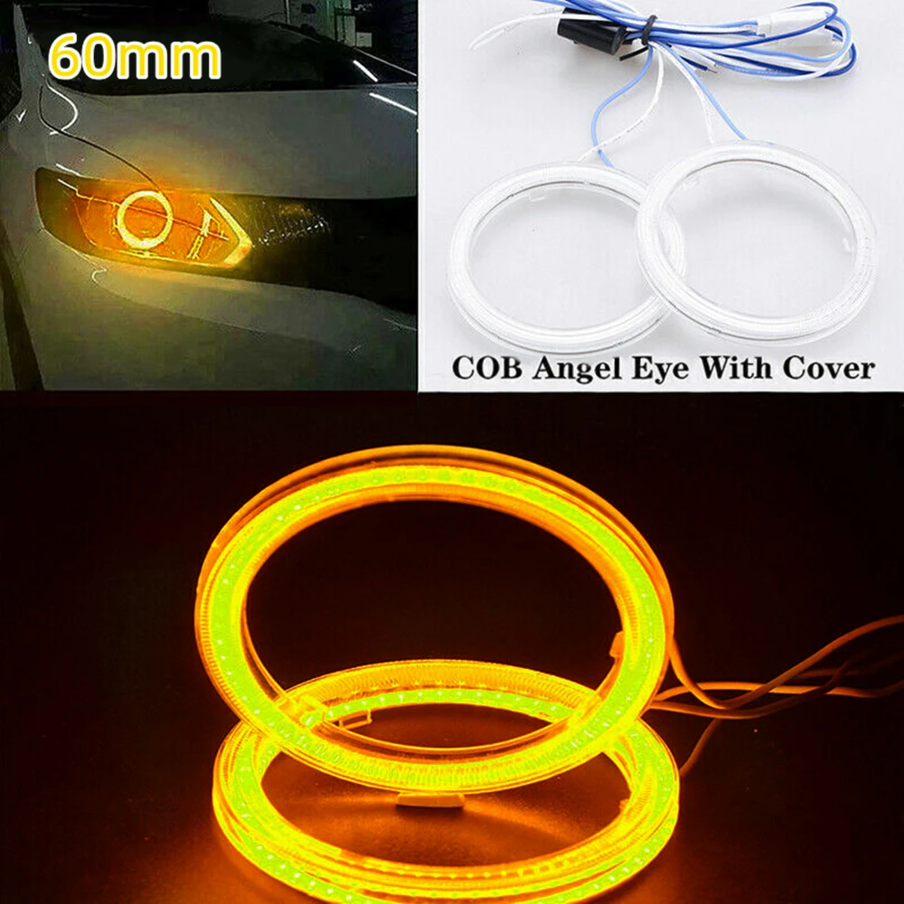 2 шт. желтые 60 мм DRL автомобильные COB лампы с ангельскими глазами гало кольцо