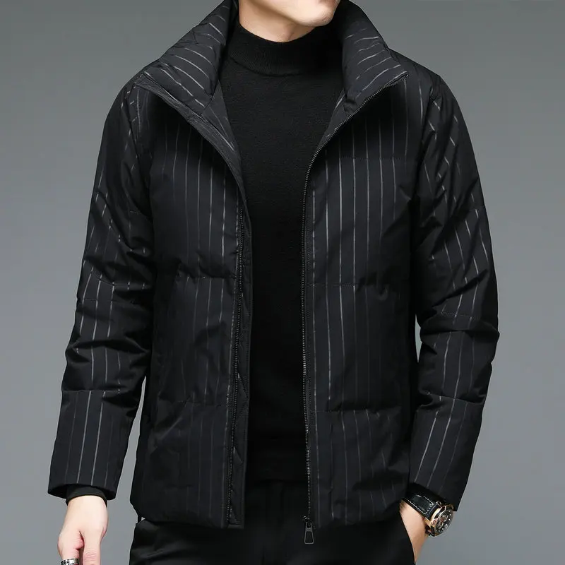 2022 Winter Men Smart Casual Puffer Jackets Black Striped Thick Warm Puff Basic Coats Male Thermal Quilted Outerwear Daily Wear