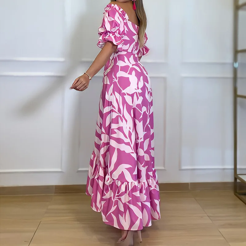 

Платье-макси с высокой талией, облегающее длинное платье с цветочным принтом, женское длинное платье с открытыми плечами, V-образным вырезом, пышными рукавами и оборками