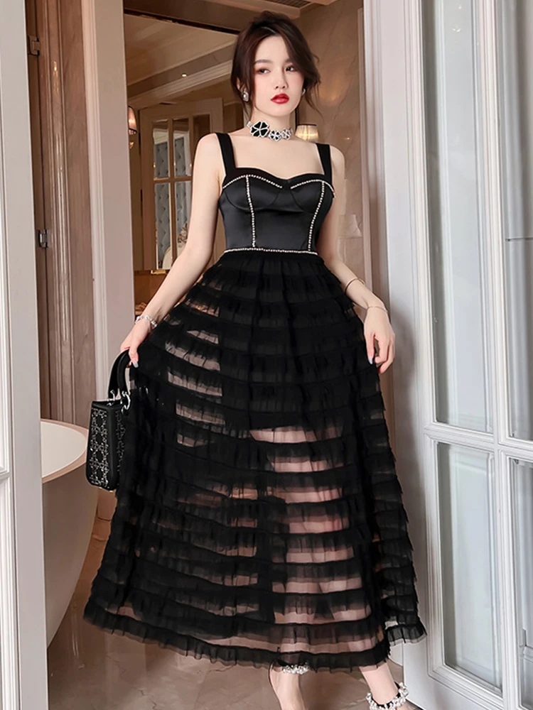 

Luxury Design Women Evening Dress Black Sheer Sexy Chest Wrapped Backless Midi Party Beach Prom Robe Femme Mujer Vestidos Fiesta