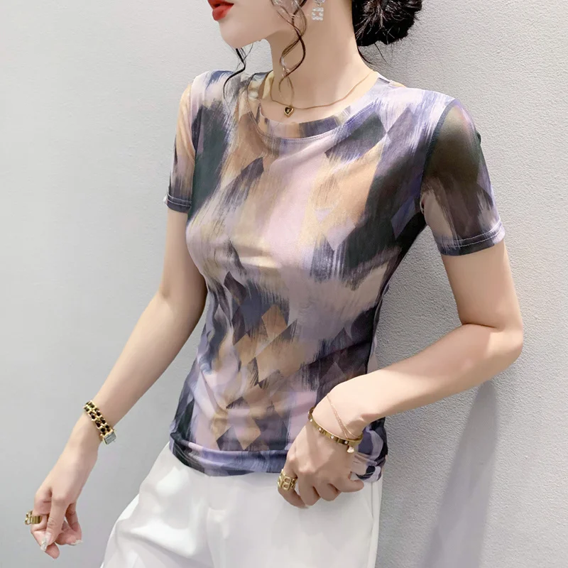 

#6632 Summer Tie Dye T Shirt Women Thin Elastic Mesh Tshirt O-neck Sexy Streetwear Hip Hop T Shirt Slim O-neck Short Mesh Tee