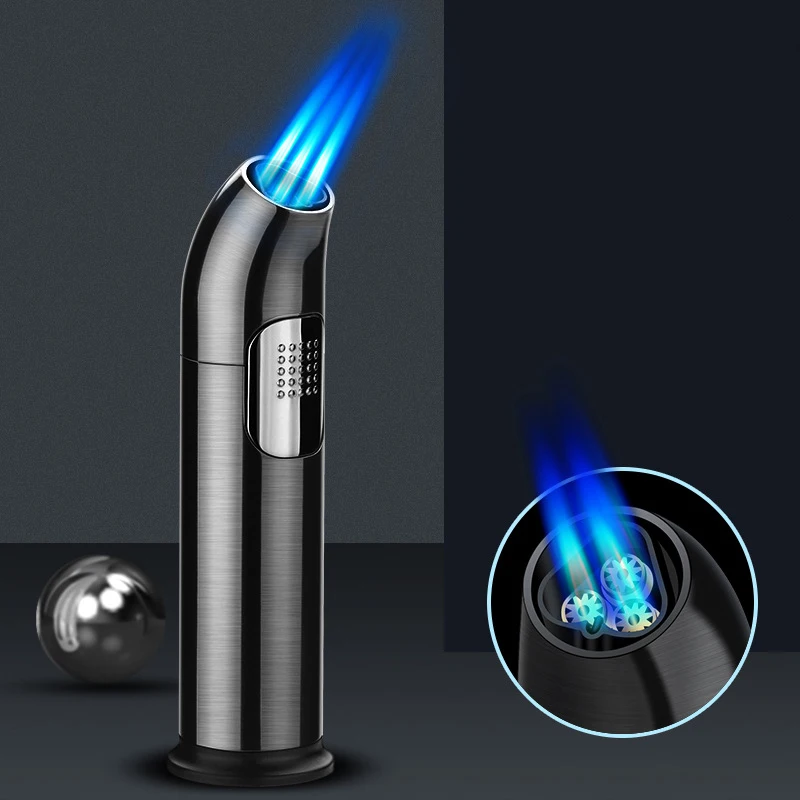 Elbow Three Fire Windproof Lighter Metal Blue Flame Moxibustion Cigar Three Straight Punch Lighter Kitchen Barbecue Lighter