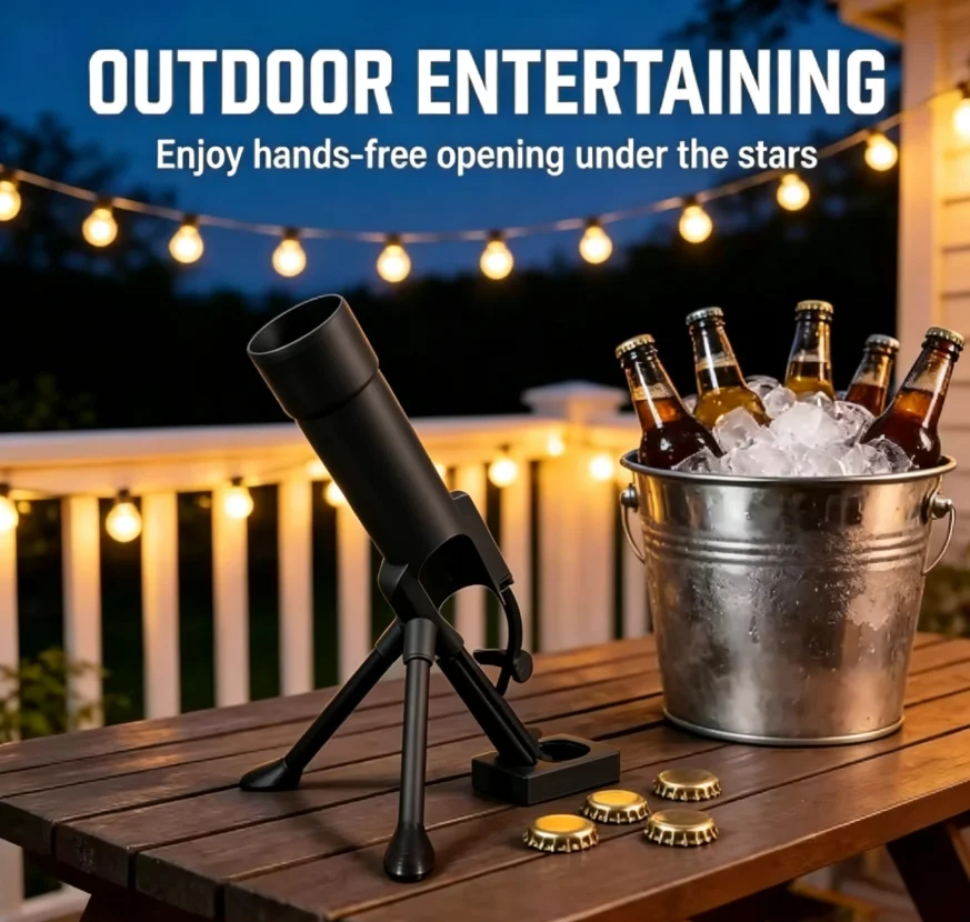 Фото Открывалка для пивных бутылок Hand Free Mortar Beer Opener, подходит для бутылок объемом 330 мл, креативный инструмент для выброса крышек, для домашнего бара, пикника на заднем дворе, украшение для вечеринок, гаджет. №3