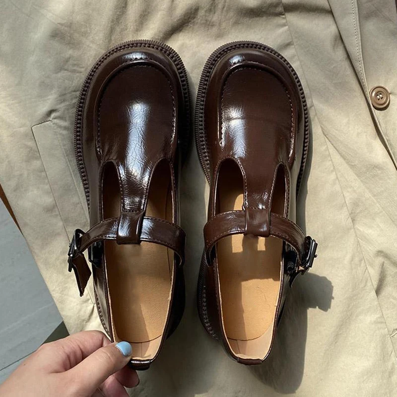 

JMPRS Brown Soft PU Leather Oxford Shoes for Women Vintage Round Toe T Strap Mary Jane Shoes Woman Platform Buckle Ladies Flats