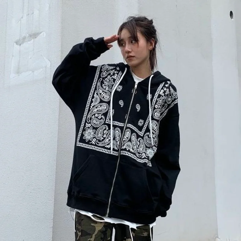 

2022 New Autumn Hoodie Women's Cashew Printed Zipper Hooded Cardigan Y2K Couple Oversized Sweatshirt Hip Hop Casual Loose coat