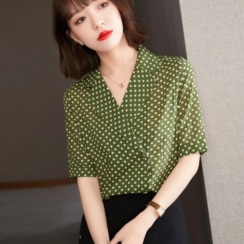 

Womens Top Polka Dot Shirt Summer Short Sleeve V-Neck Casual Elegant Retro Top Womens Green Shirt 2022 Ladies New Style